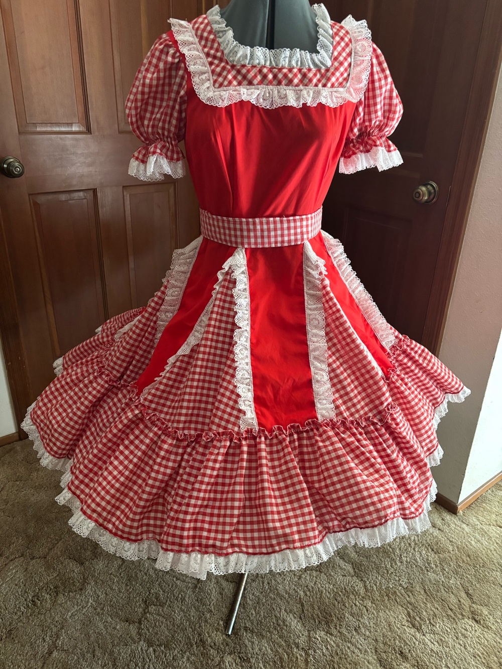 Square Dancers/Cloggers.Red Gingham Ruffled Square-Neck cotton dress.